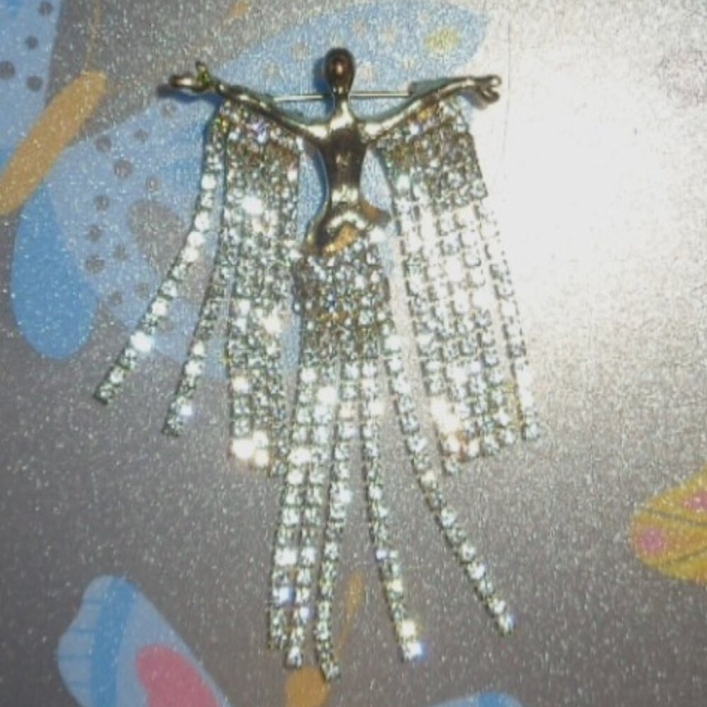 BEAUTIFUL GATSBY STYLE ART DECO GOLD TONE RHINESTONES FLAPPER BROOCH PIN-EXCELLE